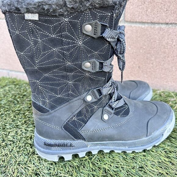 NWOB Women Mid Calf Merrell Silverspun Lace Up Waterproof Winter Boots Sz7.5Blk - Picture 2 of 10